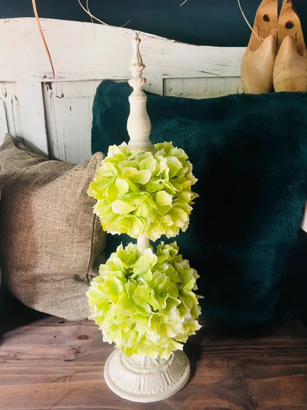 Green Hydrangea Topiary Centerpiece Cottage Farmhouse Decor 21”